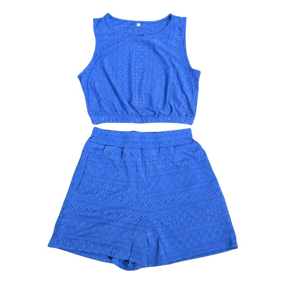 NWOT Royal Blue Floral Eyelet Sleeveless Crop Top & Shorts Set Medium